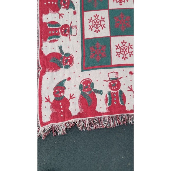 Vtg CHRISTmas Snowman Snowflake Reversible Woven Tapestry Blanket Fringe - Picture 2 of 3